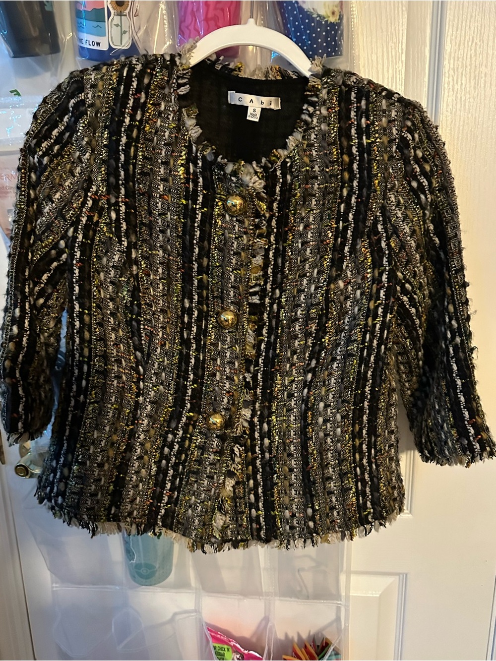 CAbi Bouclé Jacket with Gold Buttons